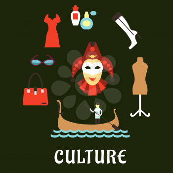 Italian culture, travel and fashion flat symbols with venetian gondolier in a gondola, masquerade mask, vintage mannequin on stand, glasses, perfumes, elegant woman boots, bag and red dress