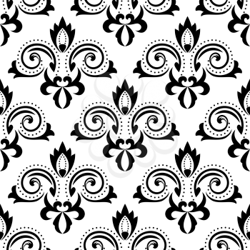 Abstract floral seamless pattern with black flourish curlicues and leaves scrolls on white background, for wallpaper or textile design