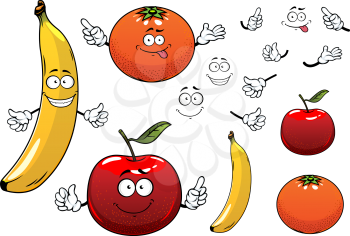 Cartoon ripe juicy red apple, orange and banana fruits characters with happy faces, showing attention signs, for agriculture or food design