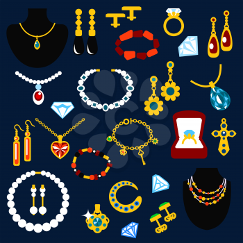 Jewelry flat icons with fashion luxury necklaces, earrings, bracelets, rings, pendants, chains and cufflinks, inlaid diamonds, pearls, emeralds, sapphires and other gems