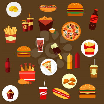 Takeaway and fast food flat icons with French fires, hamburger, pizza, hot dog, ice cream lolly, condiments, and beverages