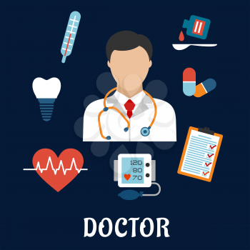 Flat medical icons with a doctor surrounded by a thermometer, tooth, pills, medication, chart, heartbeat and ECG on a blue background