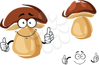 Cheerful smiling cartoon porcini mushroom giving a thumbs up gesture, isolated on white