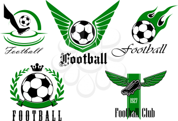 Football game icons or emblems set with winged and flaming ball, spike soccer shoes and ball inside laurel leaves