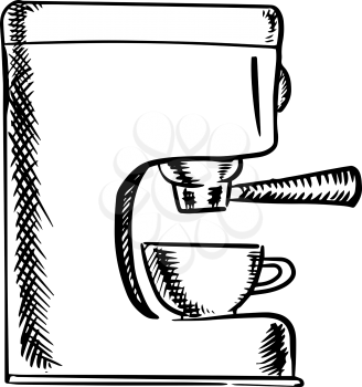 Black and white sketch of an espresso coffee machine with a single cup under the filter