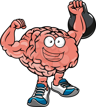 Brawny cartoon brain with muscles lifting weights and cheering, for sports concept design