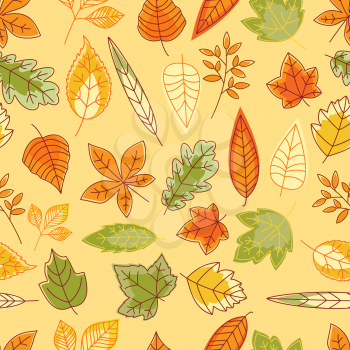 Autumn leaves seamless pattern with colorful red, yellow, orange and green outline herbs and leaves