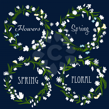 Set of pretty spring floral wreaths with dainty white flowers and green leaves