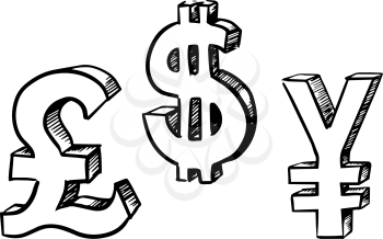 Sketch currency signs with the pound sterling, dollar and yen, black and white icons