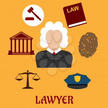 Law and justice flat icons surrounding a lawyer with a courthouse, law book, fingerprint, police cap, scales and gavel on yellow. Lawyer profession concept