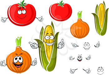 Happy cartoon onion, tomato and corn on the cob vegetables with smiling faces and waving arms. For agriculture or food themes design