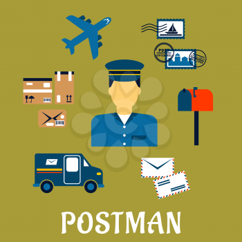 Flat postal icons around a Postman with postage stamps, letterbox, packages, van, airplane and letters on a green background. Postman profession concept