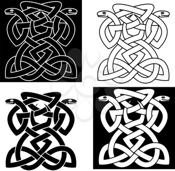 Intricate intertwined snakes emblems forming a geometric pattern in different variations for elegant tattoo or art