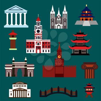 Famous world landmarks flat icons with temples, palaces, ancient buildings and architecture details
