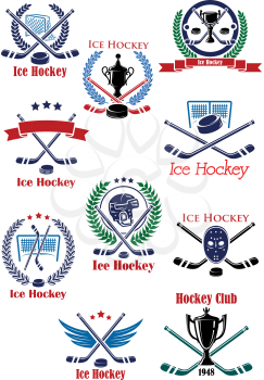 Ice Hockey sport game emblems with crossed sticks in a variety of designs, with wreaths, helmet, net, banner, trophy, mask and wings