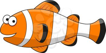 Happy smiling bright tropical clown fish cartoon character with orange, white and black stripes for underwater wildlife or aquarium themes design