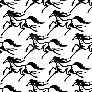 Strong racing horses black outline seamless pattern on white background for wallpaper or equestrian sport themes