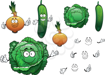 Cartoon green crunchy cabbage, cucumber and golden onion vegetables characters for fresh healthy food or agriculture themes