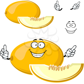 Bright yellow canary melon fruit cartoon character with sweet juicy slice, seeds and happy smile for healthy fresh food or agriculture themes