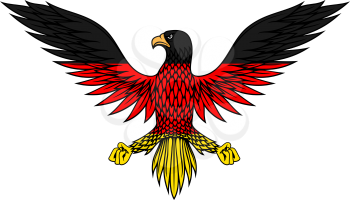 Stylized german eagle with outstretched wings, colored in colors of Germany flag for coat of arms or t-shirt design