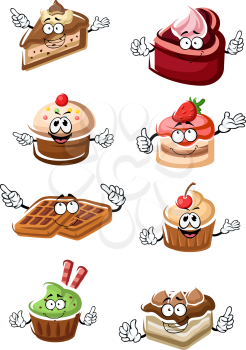 Cartoon delicious funny fruity desserts, chocolate cake slices, cupcakes and belgium waffles characters with fresh strawberry, cherry fruits and cream. For pastry shop theme