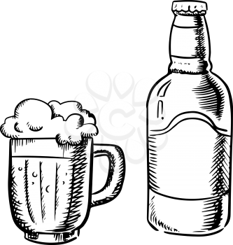 Beer bottle  and filled tankard with overflowing froth head, outline sketch style