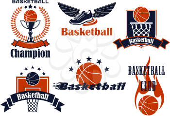 Basketball championship icons with winged shoes, balls, basket, backboard, trophy cup and flame. Framed by heraldic shield, laurel wreath, ribbon banners and stars