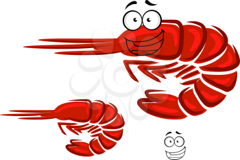 Red shrimp cartoon character with curved tail and happy smiling face for seafood or restaurant menu design