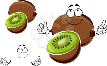 Funny whole and sliced kiwi fruit cartoon character with green juicy flesh and black seeds in the center. Isolated on white background
