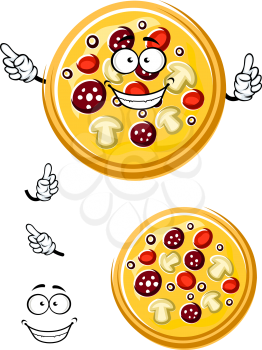 Italian pizza cartoon character with salami, tomato, mushroom and olive slices ingredients for pizzeria or fast food theme