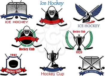 Ice hockey cup or sporting club emblems with hockey pucks, sticks, goalie masks, trophy, winged skate and gates, supplemented by heraldic shield, wreaths and ribbon banners
