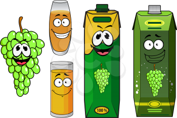 Cartoon sweet grape juice packs characters with funny bunch of green grape fruit and glasses with yellow drinks, isolated on white background for food pack theme