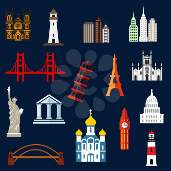 World travel landmarks flat icons with Statue of Liberty, Eiffel and Pisa towers, Big Ben, ancient temples, orthodox church, USA capitol, abstract skyscrapers, lighthouses and bridges