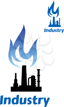 Industrial plant or factory silhouette icon with pipes, chimney and tank storage and blue flame for oil or gas industry design