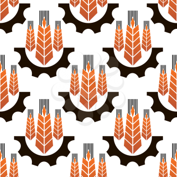 Ripe orange wheat ears in gear wheels seamless pattern on white background, for agriculture or industrial theme design