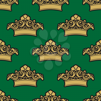 Seamless pattern with golden ornamental crowns, flowers and foliage curlicues on dark green background for luxury wallpaper or textile design