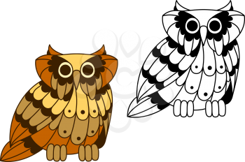 Cartoon isolated owl bird character with brown and outline variations