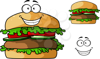 Fast food hamburger cartoon character with grilled patty, fresh tomato and cucumber slices, lettuce leaves for takeaway or cafe menu design