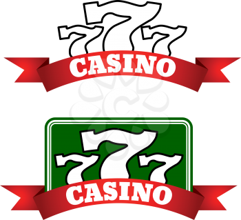 Jackpot casino emblems or logo with winning combinations of triple seven on green board, decorated by glowing red ribbon banners 