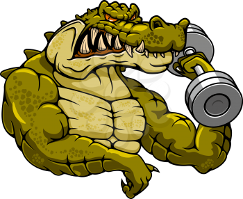 Strong muscular crocodile bodybuilder cartoon mascot with dumbbell for fitness or gym mascot theme