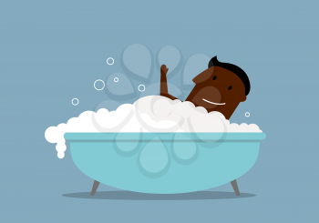African american businessman washing in bath with foam and relaxing. Cartoon flat style