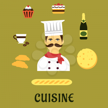 French cuisine flat icons with chef in white toque and red neckerchief surrounded by fresh croissants, baguette, cheese, wine bottle, cake, coffee cup and cupcake
