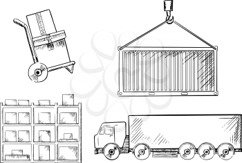 Truck, crane hook with cargo container, hand truck with boxes and warehouse racks with packages sketch icons. For transportation or logistics industry theme