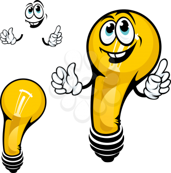 Cartoon yellow shining light bulb character with happy smile, for great idea concept or save energy theme design