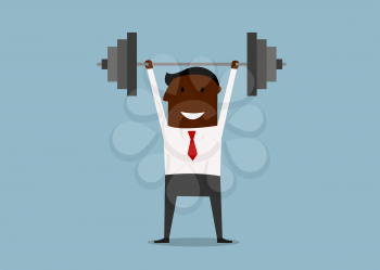 Happy smiling strong african american businessman lifting a heavy barbell for success concept design, cartoon flat style