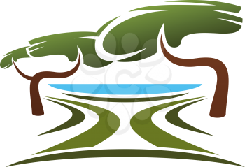 Summer park with lake abstract icon with blue pond under the canopy of green trees. For nature or landscape theme design