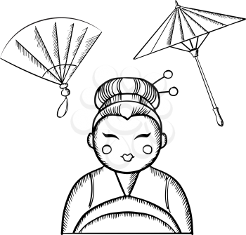 Geisha woman in kimono with traditional makeup and a hairstyle with hair pins, with vintage japanese fan and paper umbrella, sketch icons