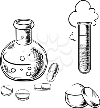 Laboratory glass flask and tube with bubbles and cloud, round pills, capsules and powder in box, for chemistry experiments or scientific research design. Sketch icons