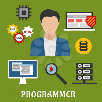 Programmer profession flat icons with man encircled by laptop with antivirus, desktop computer, microchip, data base and server, virus, magnifying glass and gears with php, css, html
