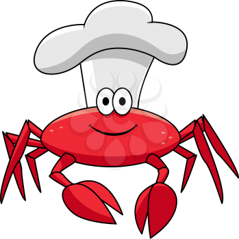 Smiling red crab chef cartoon character in white cook hat for seafood, restaurant or menu theme design